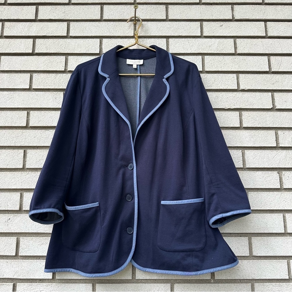 Talbots Navy Blue Knit Blazer Jacket 3X Contrast Trim Cotton Lounge Chic